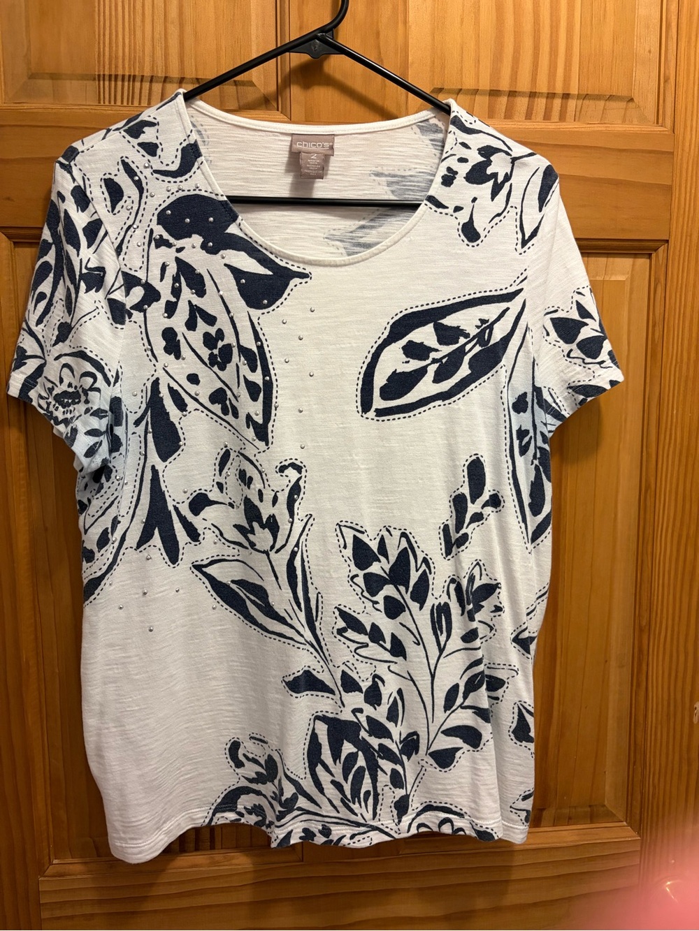 Chico's White Tee with Navy Botanical Print